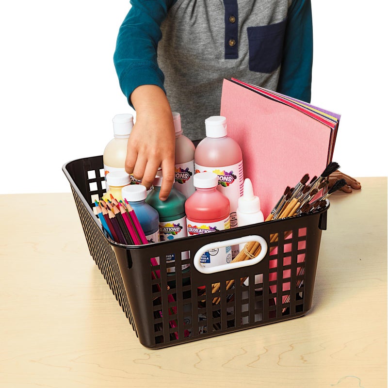 Really Good Stuff - 160016BK Multi-Purpose Plastic Storage Baskets for Classroom or Home Use - Stackable Mesh Plastic Baskets with Grip Handles 13" x 10" (Black - Set of 12) - Image 4